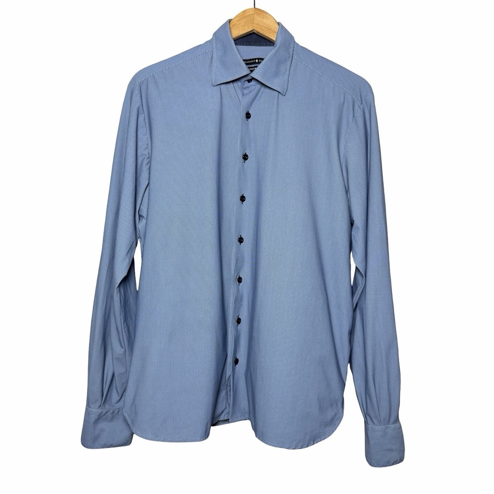 Hammer Made Italian Fabric Tech Shirt Mens M/L 16 Blue Birdseye Dress Shirt
